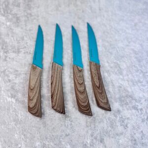 Set of 4 Steak‎ Knives Turquoise Serrated Blades Wood Look Handles Kitchen
